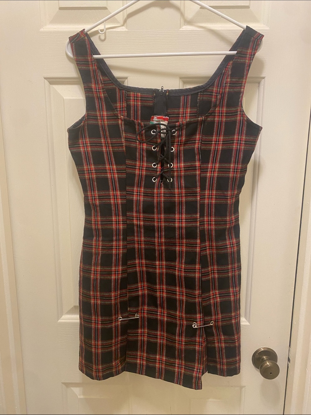 Vintage Lip Service Red and Black Plaid Lace-Up Mini Dress